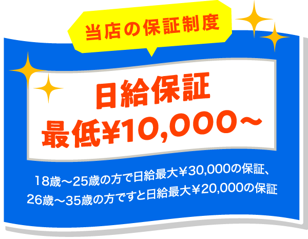 当店の保証制度 日給保証最低￥10,000～ 18歳～25歳の方で日給最大￥30,000の保証、26歳～35歳の方ですと日給最大￥20,000の保証