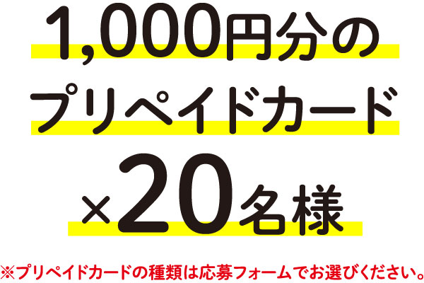 1,000円分のプリペイドカード×20名様※プリペイドカードの種類は応募フォームでお選びください。