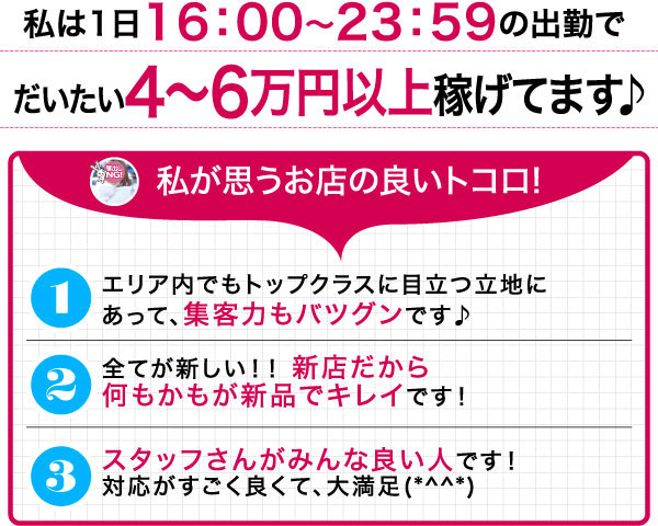私は1日16:00～23:59の出勤でだいたい4～6万円以上稼げてます♪