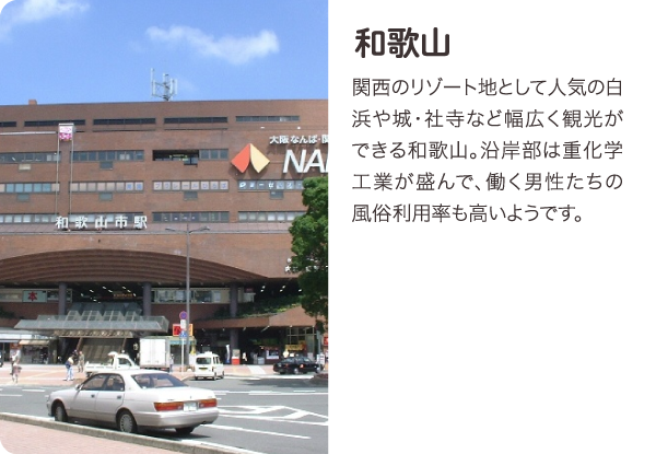 和歌山 関西のリゾート地として人気の白浜や城・社寺など幅広く観光ができる和歌山。沿岸部は重化学工業が盛んで、働く男性たちの風俗利用率も高いようです。-取材協力店- 