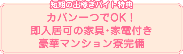短期の出稼ぎバイト特典 カバン一つでOK！即入居可の家具・家電付き豪華マンション寮完備